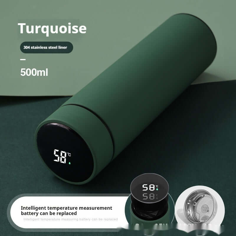 Smart temperature display insulated bottle in turquoise with 500ml capacity and stainless steel liner.