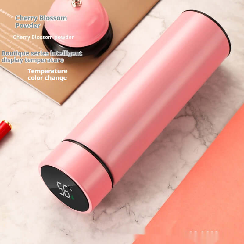 Smart Temperature Display Insulated Bottle in Cherry Blossom Powder color, showcasing digital temperature readout and sleek design.